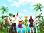  bare_shoulders basket elf food fruit gensou_suikoden gensou_suikoden_iv headband jewel_(suikoden) keneth lazlo ocean orange_hair palm_tree paula_(suikoden) pointy_ears ryu_mizuki short_hair shorts silver_hair snowe_vingerhut suikoden suikoden_iv tal thigh-highs thighhighs tree 