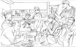  alex_luis_armstrong arakawa_hiromu black_hayate casual cigarette dog eating food fullmetal_alchemist glasses heymans_breda jean_havoc kain_fuery maes_hughes official_art pizza riza_hawkeye roy_mustang sketch smoking vato_falman 