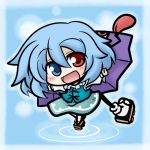  blue_hair chibi geta heterochromia karakasa_obake red_eyes short_hair solo tatara_kogasa tongue touhou umbrella yanagi_(artist) 