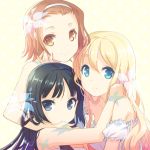  akiyama_mio armpits black_hair blonde_hair blue_eyes brown_eyes brown_hair butterfly chin_grab flower frills h2so4 hairband hug k-on! kotobuki_tsumugi long_hair multiple_girls off_shoulder parody perfume short_hair simple_background smile tainaka_ritsu 