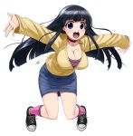  black_hair blue_eyes blunt_bangs blush breasts cleavage collar denim denim_skirt female hime_cut jewelry jumping kneehighs large_breasts long_hair mizuki_gyokuran necklace open_mouth original outstretched_arms shoes simple_background skirt smile sneakers socks solo spread_arms sweater 