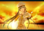  alice_carroll aqua_eyes aria bad_id cloud clouds fingerless_gloves gloves hand_on_chest hand_on_own_chest hat head_tilt highres letterboxed long_hair open_mouth outstretched_hand reaching rushka solo star sunset uniform very_long_hair yellow 