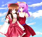  2girls artist_request brown_eyes brown_hair hakurei_reimu multiple_girls purple_hair touhou violet_eyes watatsuki_no_yorihime wink 