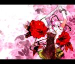  bandages bow breasts chain chinese_clothes cuffs double_bun flower ibara_kasen miranko pink_hair red_eyes ribbon rose short_hair skirt smile solo touhou 