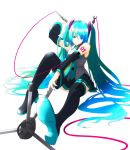  absurdres aqua_eyes aqua_hair cable detached_sleeves foreshortening hatsune_miku highres legs long_hair microphone microphone_stand nail_polish necktie skirt smile solo thigh-highs thighhighs twintails very_long_hair vocaloid 