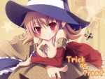  between_breasts blush breasts brown_hair chocolate grin halloween hat jack-o'-lantern looking_at_viewer masaki_(machisora) original pointy_ears red_eyes smile solo trick_or_treat 