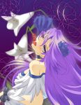  bare_shoulders blue_eyes bow breasts cherry cure_moonlight dress earrings elbow_gloves flower gloves hair_flower hair_ornament heartcatch_precure! jewelry lily_(flower) long_hair looking_back precure purple_hair rose solo tamo_space tongue tsukikage_yuri wrist_cuffs 