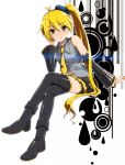 blonde_hair crossed_legs detached_sleeves eto hair_ornament highres legs long_hair nail_polish necktie ponytail side_ponytail sitting skirt smile solo thigh-highs thighhighs very_long_hair vocaloid water_drop yellow_eyes 