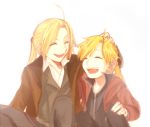  blonde_hair brothers closed_eyes edward_elric fullmetal_alchemist hand_on_head ponytail siblings sitting smile 