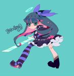  gothic_lolita halo kneepits lolita_fashion long_hair multicolored_hair panty_&amp;_stocking_with_garterbelt rurituvo shoes single_thighhigh solo stocking_(character) stocking_(psg) striped striped_legwear striped_thighhighs sword thigh-highs thighhighs two-tone_hair weapon 
