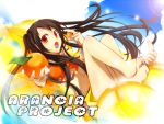  barefoot brown_hair feet food fruit haru_aki holding holding_fruit long_hair midriff open_mouth orange orange_eyes original twintails 