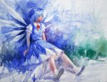  blue blue_dress cirno dress ice misawa_hiroshi realistic sitting solo touhou traditional_media 