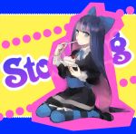  cake dress eating food fruit hair_bow kurosujuu long_hair multicolored_eyes multicolored_hair panty_&amp;_stocking_with_garterbelt sitting solo stocking_(character) stocking_(psg) strawberry striped striped_legwear striped_thighhighs thigh-highs thighhighs very_long_hair 