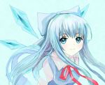  alternate_hairstyle bad_id blue_eyes blue_hair bow bust chirosuke cirno hair_bow long_hair smile solo touhou wings 
