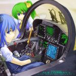  ace_combat ace_combat_5 blue_eyes blue_hair bow cervus cirno cockpit daiyousei dress frog glass_cockpit gloves gps green_hair hair_bow heads-up_display joystick keroppi multiple_girls screen touhou 