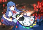  blue_hair bow dress food frills fruit garigarigari hands hat hat_on_chest hat_removed headwear_removed hinanawi_tenshi leaf long_hair looking_at_viewer lying maple_leaf on_back peach red_eyes shade smile solo touhou 