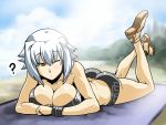  armband ass beach bikini breast_press breasts cleavage highres lying on_stomach original red_eyes sandals solo swimsuit tsuki_wani white_hair 