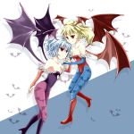  bare_shoulders bat_wings blonde_hair blue_hair blue_pantyhose capcom cosplay flandre_scarlet flat_chest head_wings highres lilith_aensland lilith_aensland_(cosplay) morrigan_aensland morrigan_aensland_(cosplay) multiple_girls pantyhose print_pantyhose purple_pantyhose red_eyes remilia_scarlet side_ponytail touhou vampire_(game) wings zatsumi 