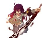  bird feathers highres long_hair looking_up monorino purple_hair sword torn_clothes weapon 