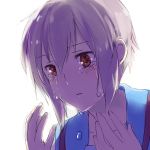 backlighting brown_eyes cardigan face hands nagato_yuki purple_hair school_uniform short_hair solo suzumiya_haruhi_no_yuuutsu tears 