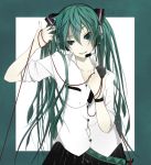  bad_id black_buraku green_eyes green_hair hatsune_miku head_tilt headset long_hair microphone ogipote solo twintails vocaloid 