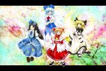  black_hair blonde_hair blue_eyes blue_hair blush bow brown_eyes cirno dress fairy_wars hair_bow hat long_hair luna_child mdnk multiple_girls oota_jun'ya_(style) open_mouth parody red_hair redhead ribbon short_hair star_sapphire style_parody sunny_milk touhou wings yellow_eyes yousei_daisensou 