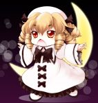 bow brown_eyes chestnut_mouth chibi crescent crescent_moon drill_hair hat highres luna_child open_mouth red_eyes solo touhou yume_shokunin 