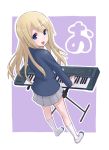  blonde_hair blue_eyes from_above instrument k-on! kotobuki_tsumugi long_hair looking_back looking_up mofu school_uniform synthesizer 
