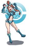  blue_eyes boots brown_hair diglett eroquis fuuro_(pokemon) gloves gym_leader hair_ornament holding holding_poke_ball midriff navel open_mouth poke_ball pokemon pokemon_(game) pokemon_black_and_white pokemon_bw shadow short_shorts shorts solo suspenders twintails 