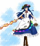 blue_hair boots food fruit hat hinanawi_tenshi keystone long_hair long_skirt peach red_eyes rock shiba_murashouji shide shimenawa skirt smile solo sword sword_of_hisou touhou weapon