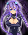  bodysuit braid breast_hold breast_squeeze breasts choujigen_game_neptune cleavage cleavage_cutout crossed_arms glowing glowing_eyes hair_ornament hogi idea_factory long_hair purple_hair purple_heart solo tears twin_braids 