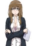  blue_eyes bra breasts brown_hair cleavage face frown glasses highres large_breasts lingerie long_hair maeda_risou mechanical_pencil notebook open_clothes open_shirt original pencil risoumaeda shirt solo sweater underwear 