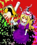  :3 blonde_hair breasts butterfly dress elbow_gloves from_above gap gloves hat large_breasts long_hair looking_up ribbon sign slit_pupils solo touhou tsr2 violet_eyes yakumo_yukari 