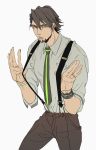  1boy bracelet brown_eyes brown_hair facial_hair jewelry kaburagi_t_kotetsu necktie nitta solo stubble suspenders tiger_&amp;_bunny watch watch 