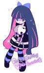  bad_id black_hair bow dress hair_bow highres long_hair multicolored_hair official_style panty_&amp;_stocking_with_garterbelt plate solo stocking_(character) stocking_(psg) striped striped_legwear striped_thighhighs thigh-highs thighhighs two-tone_hair very_long_hair 