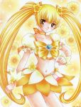  bad_id blush cure_sunshine floral_background heartcatch_precure! long_hair magical_girl midriff myoudouin_itsuki navel orange_dress precure skirt solo traditional_media twintails yellow yellow_background yellow_eyes yukiou 