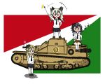  3girls anchovy anzio_(emblem) anzio_school_uniform black_hair black_hat black_skirt blonde_hair braid carpaccio carro_veloce_cv-33 dress_shirt drill_hair dspring426 emblem girls_und_panzer green_eyes ground_vehicle hat heart long_hair military military_vehicle miniskirt motor_vehicle multiple_girls pepperoni_(girls_und_panzer) pleated_skirt school_uniform shirt short_hair skirt smile spoken_heart tank twin_drills white_shirt younger 