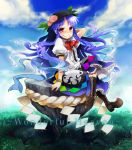 blue_hair boots cross-laced_footwear crossed_legs food fruit hat hinanawi_tenshi keystone lace-up_boots long_hair peach red_eyes shimenawa sitting skirt sky solo touhou yzy