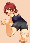  barefoot bike_shorts feet foreshortening hair_bobbles hair_ornament marui_futaba mitsudomoe red_eyes red_hair redhead rihhi short_hair soles tank_top toes tri_tails wink 