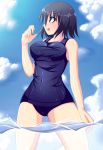  blue_eyes breasts cloud clouds large_breasts nakaya one-piece_swimsuit original school_swimsuit solo swimsuit taut_shirt wading water wet 