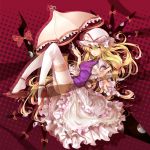  anklet blonde_hair dress eyeball eyes frills gap hat high_heels highres jewelry legs long_hair parasol rojiko shoe_dangle shoes thigh-highs thighhighs touhou umbrella white_legwear yakumo_yukari yellow_eyes 