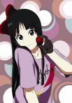  1girl akiyama_mio black_eyes black_hair casual donald food fruit gloves holding holding_fruit k-on! listen!! long_hair strawberry 