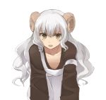  brown_hair down_blouse horns leaning_forward long_hair monorino navel open_mouth sheep_horns simple_background solo white_background white_hair 