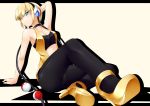  arm_support bare_shoulders black_pantyhose blonde_hair bob_cut cable choker foreshortening gisyo gym_leader halterneck headphones high_heels kamitsure_(pokemon) leaning_back midriff pantyhose poke_ball pokemon pokemon_(game) pokemon_black_and_white pokemon_bw shadow shoes simple_background skin_tight solo thick_thighs vest 