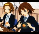  ahoge ao_usagi brown_eyes brown_hair floating food fruit hirasawa_yui holding holding_fruit k-on! multiple_girls orange school_uniform short_hair tainaka_ritsu telekinesis 