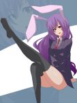  animal_ears arm_support bad_anatomy black_legwear blazer bottomless bunny_ears d:&lt; head_tilt highres jont leg_up legs long_hair looking_at_viewer necktie no_pants purple_hair rabbit_ears red_eyes reisen_udongein_inaba sitting skindentation skirt solo thigh-highs thighhighs touhou zoom_layer 