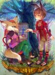  animal_ears blue_eyes bow brown_hair chair crossed_arms crossed_legs fox furry highres original potion shoes short_hair sitting sono standing tail tree yellow_eyes 