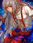  bow fujiwara_no_mokou hair_bow hair_ribbon himmelxxx long_hair pants red_eyes ribbon silver_hair solo suspenders touhou 
