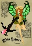  braid brown_hair butterfly_wings character_name crossbow crystal fairy flower hair_flower hair_ornament l_hakase legs mercedes odin_sphere pointy_ears red_eyes solo title_drop twin_braids weapon wings 