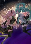  aqua_hair bad_id blue_eyes boots closed_eyes detached_sleeves error ginshachi hatsune_miku highres holding_hands knee_boots long_hair megurine_luka midriff multiple_girls navel necktie skirt thigh-highs thighhighs twintails very_long_hair vocaloid 